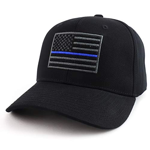 USA American Flag Embroidered 6 Panel Adjustable Operator Cap - Thin Blue Line - Black