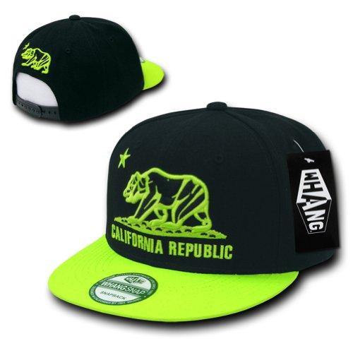 Whang California Republic Flat Bill Snapback Hat Cap - Black/Neon Green - Miracle Mile Gifts