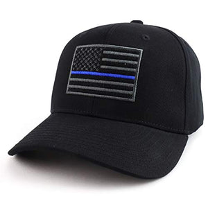 USA American Flag Embroidered 6 Panel Adjustable Operator Cap - Thin Blue Line - Black